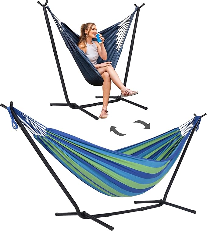 SUNCREAT 2-in-1 Hammocks Hammock Chair with Stand 475 lbs Capacity Heavy Duty Two Person Hammock with Stand Patented Blue Stripe