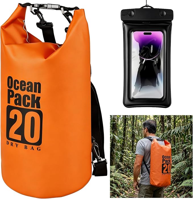 Waterproof Dry Bag 20L Water Proof Backpack Roll Top Closure Dry Bag Orange Heavy Duty Floating Pouch for Kayaking Boating Durable Hiking Backpack with IPX8 Waterproof Phone Case-Black 7