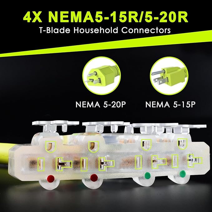 50 Amp to 110 Adapter RV Cord 50 Amp to 20 Amp Adapter NEMA 14-50P Male Plug to 4X 5-15R/5-20R Household Outlet Female with Dust Protection Caps 1.5 FT