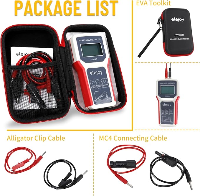 800W Solar Panel Tester Digital PV Multimeter with Smart MPPT Tracer 12-60V Voc 0-35A Isc Battery-Free with LCD Display MC4 &amp Alligator Clips EVA Case for Solar Power Test
