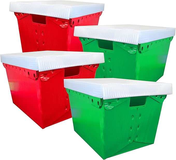 Flipside Products Storage Totes with Lids Durable Plastic Storage Totes with Reinforced Metal Frame Red and Green Organization Holiday Christmas Postal 2 Pack