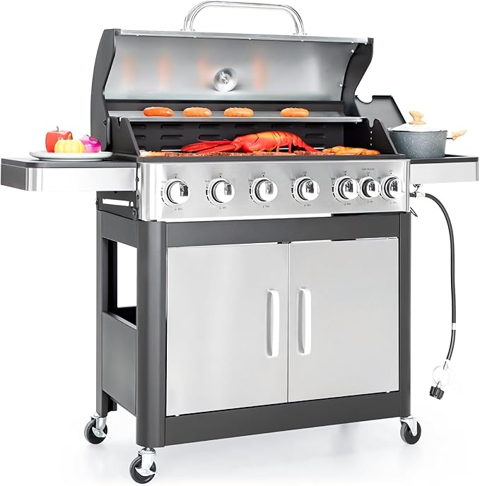 Captiva Designs 6-Burner Propane Gas BBQ Grill with Side Burner &amp Porcelain-Enameled Cast Iron Grate for Outdoor Kitchen &amp Backyard Barbecue 65800 BTU Output665 SQ.IN. Cooking AreaStainles