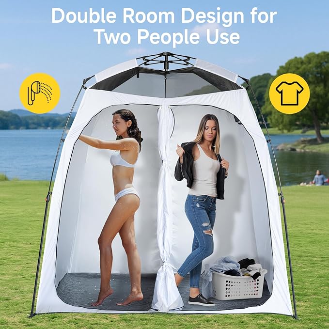 EighteenTek® Upgraded Pop Up Shower Tent 2-Room Changing Tent Privacy Shelter with Floor &amp Dual Doors Portable Camping Toilet &amp Bathroom Tents 83 x 47 x 77.6H