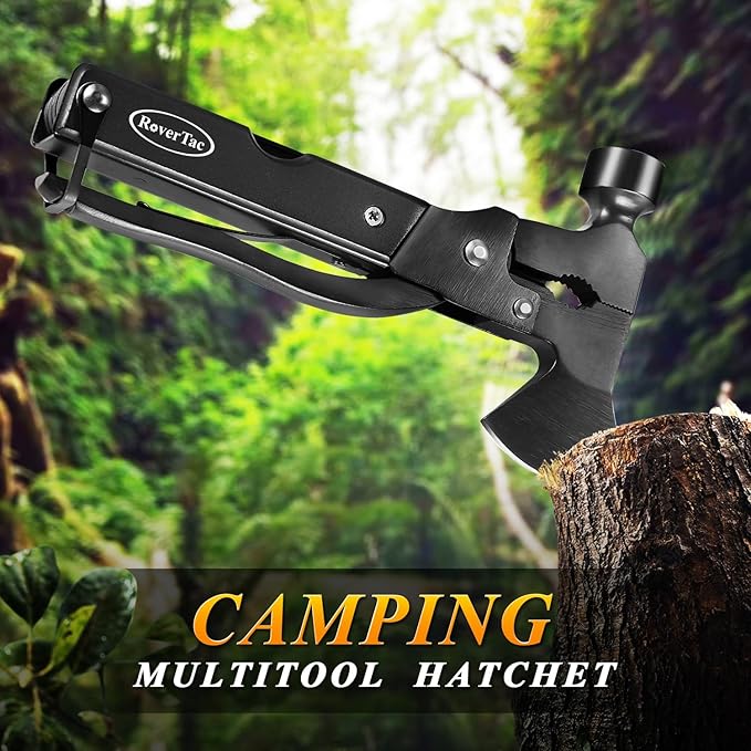 RoverTac 14-in-1 Multitool Camping Axe – Multi Tool with Knife Hammer Saw Screwdrivers Bottle Opener – Camping Tool with Sheath – Tool Gifts for Men Dad Husband and Outdoor Enthusiasts.