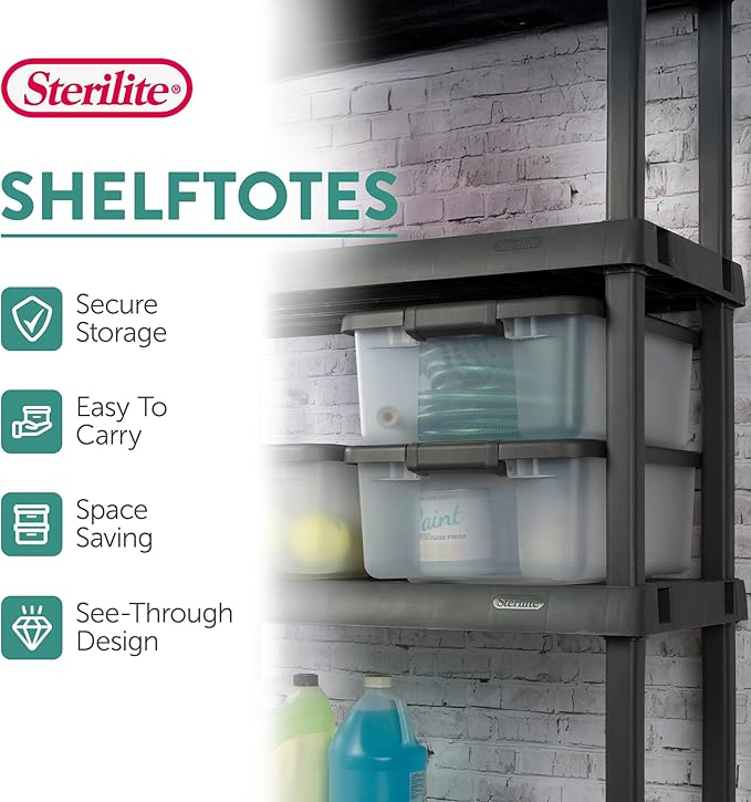 Sterilite 12-Pack ShelfTote Clear Plastic Storage Bins with Lids 25 Quart Gray - Stackable Organizing Container Boxes for Closet Bathroom and Office