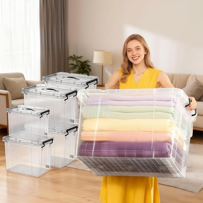 Clear Storage Bins with Lids 4 Pack - 72 Quart Extra Large Storage Totes Boxs - Heavy Duty BPA-Free Organizing Containers Storage Boxes 4pack 72 and One 42 qt &amp 28qt for Home Closet