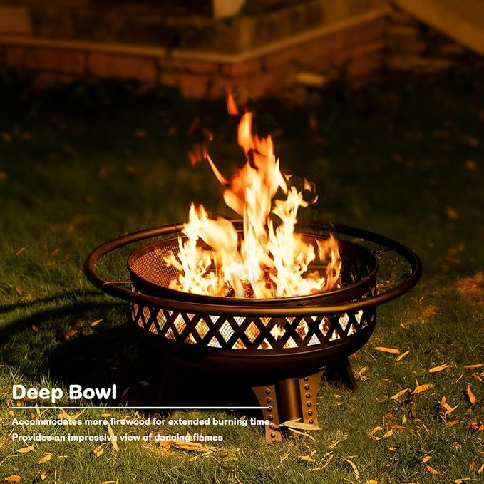 Panovue 32 Inch Outdoor Fire Pit with Grill Wood Burning Firepit for Outside with Lid/Fire Poker Metal Round Fire Pit Table for Patio Backyard Garden Bonfire Party