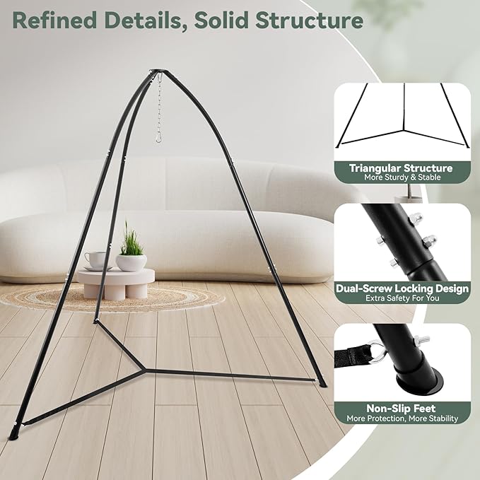Tripod Hammock Chair Stand for Multi-Use Heavy-Duty Hammock Chair Stand for Indoor &amp Outdoor with Height Adjustable Triangular Design 330 lbs Capacity Easy Assembly Stand Only - Black