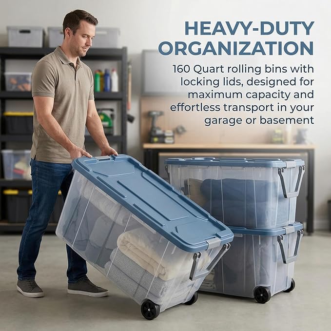 2 Pieces160 Quarts of Wheeled Storage Boxes Super Large Durable Transparent Boxes with Lock Covers and Handles Suitable for Moving Garage and Tool Room Storage (Blue and Clear)