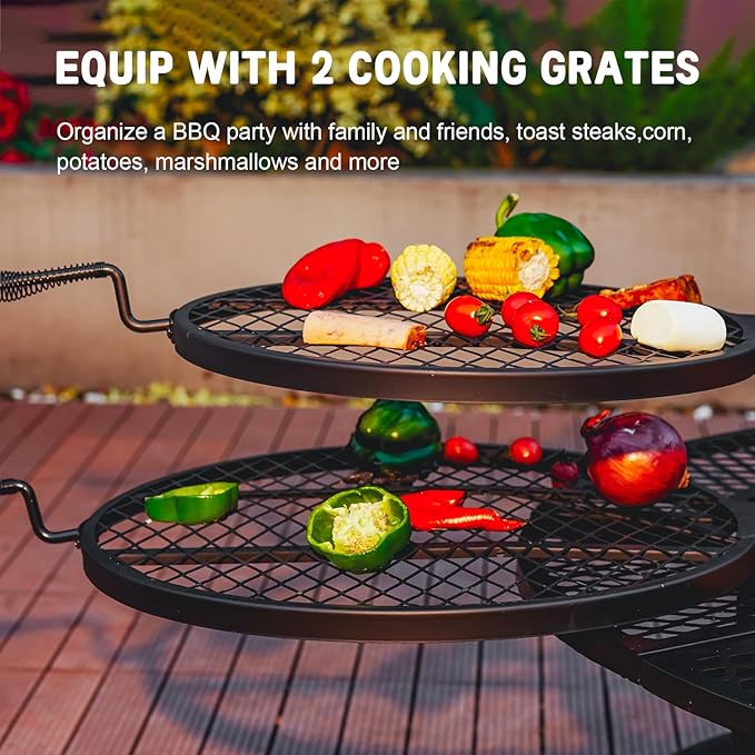 42 Inch BBQ Fire Pit with 2 Grills3-in-1 Outdoor Round Metal Fire Pit Table with LidFire PokerLarge Outdoor Wood Burning Firepits for OutsidePicnicBonfire Backyard Patio(Black)
