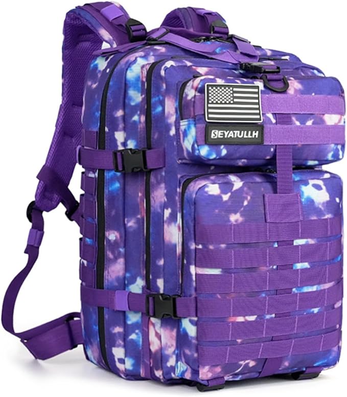 45L Military Tactical Backpack for Men &amp Women Bug Out Bag Assault pack Molle Daypack Hiking Trekking Rucksack (Purple tie-dye)