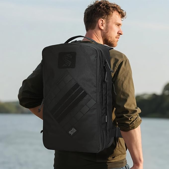 MGFLASHFORCE Tactical Travel Backpack for Men Molle Work Daypack Carry On Bag 15.6 Laptop Compartment Expandable 24L to 35L (Black)
