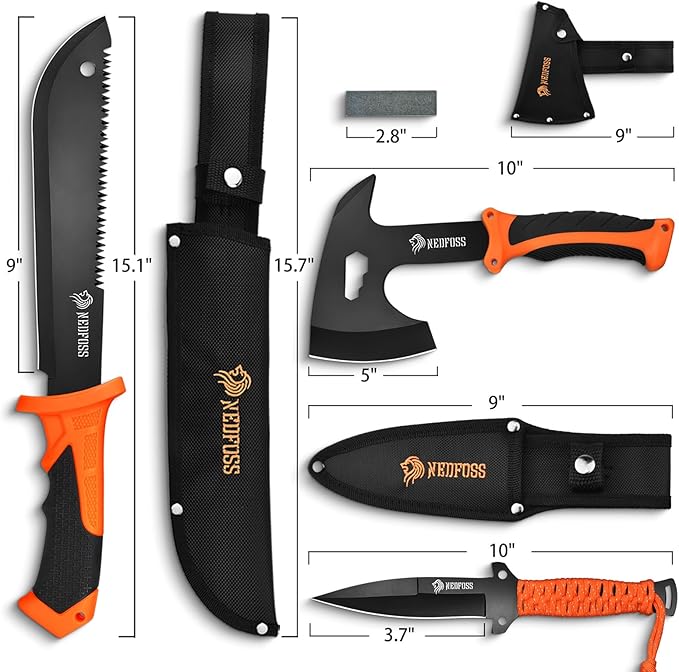 NedFoss 15 Inch Machete 10 Inch Camping Axes and Hatchets Machetes Knife Set with Shock Reduction Handle Machete for Yard Work Cutting Trees Heavy Duty Bushcraft Garden Clearing Survival Gifts