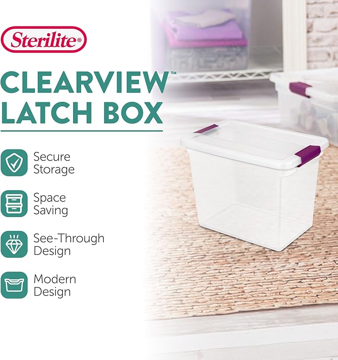 Sterilite 27 Qt ClearView Latch Storage Box Stackable Bin with Latching Lid Plastic Container to Organize Clothes in Closet Clear Base Lid 12-Pack