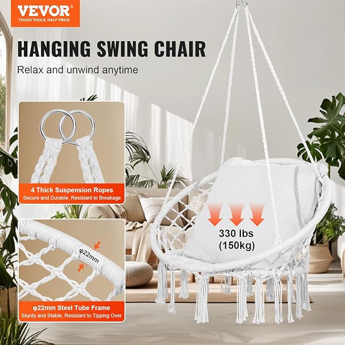 VEVOR Hanging Hammock Swing Chair 330 lbs Capacity Macramé Hanging Chair with Cushion and Mounting Hardware Cotton Rope Swing Chair for Bedroom Balcony Patio Garden White