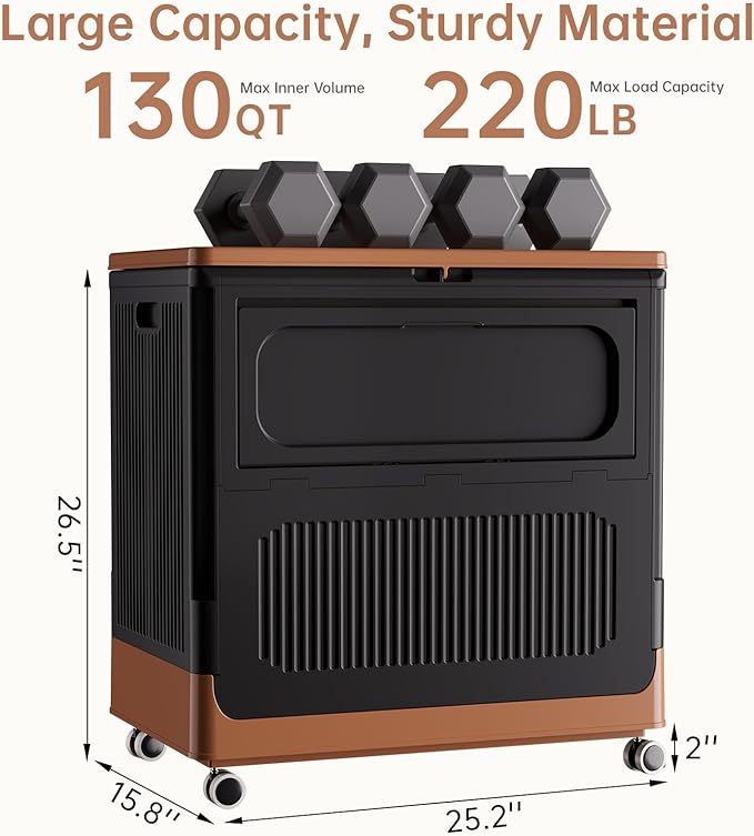 HAIXIN Large Storage Bin with Lid - 130QT Flip-top Storage Container with Wheels 32.5 Gallon Storage Chest Stackable Retro-style Organizer for Closet Bedroom Dorm Black and Brown