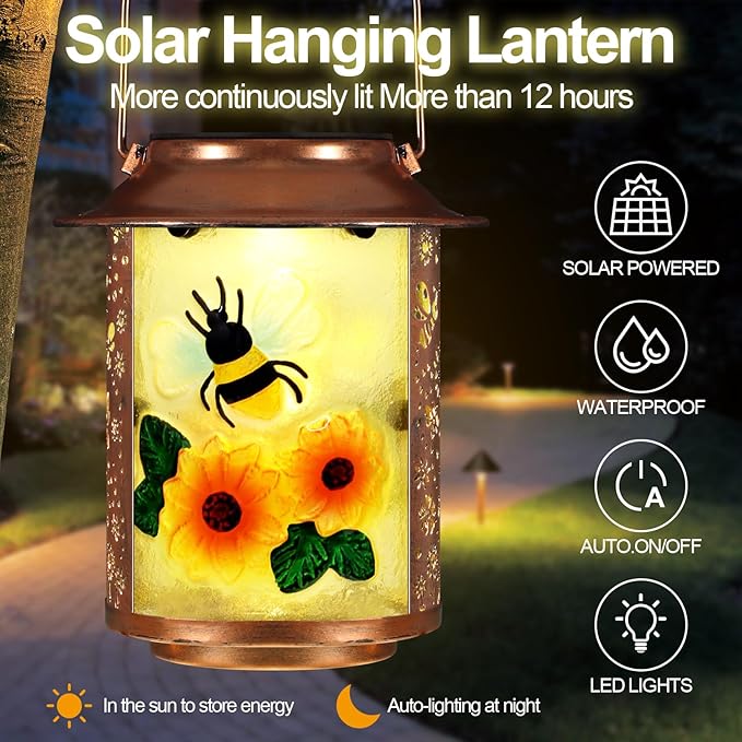 Bees Solar Lanterns Outdoor WaterproofBirthday Gifts for Women Mom Grandma Garden DecorHanging Solar Lights Wall Mount Decorations for YardFront PorchPatioLawn Pathway Landscape