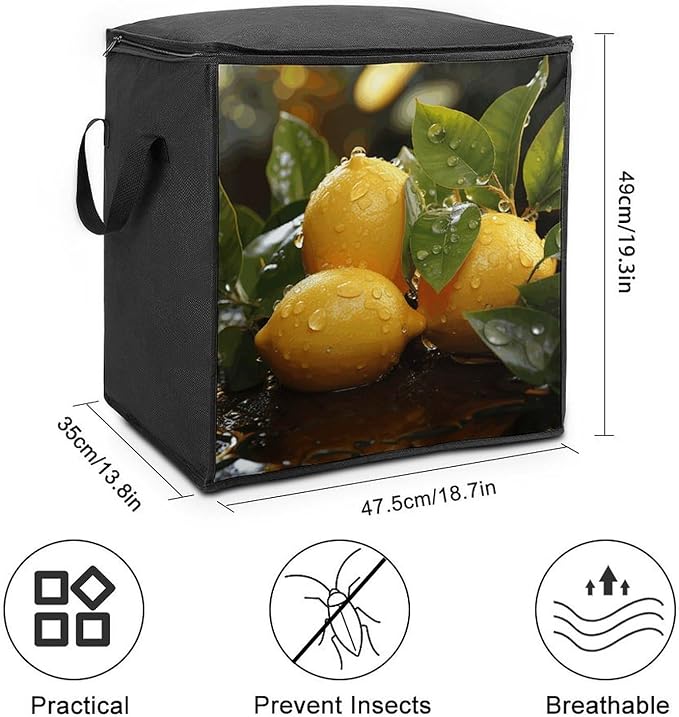 Comforter Storage Bag Clothes Storage Bins with Lids Foldable Fresh Lemon Print Storage Containers for Clothing Blanket Bedding Comforter