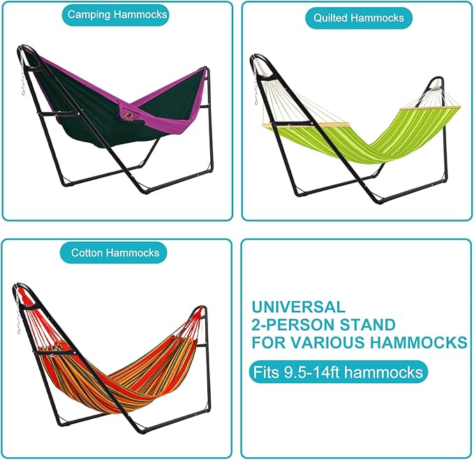 Universal 2 Person Hammock Stand Heavy Duty Steel Hammock Stand 550 lbs Capacity Adjustable Portable Hammock Stand Fits 9 to 14 Foot Hammocks for Outdoor Indoor with Chain Hook and Carrying Bag