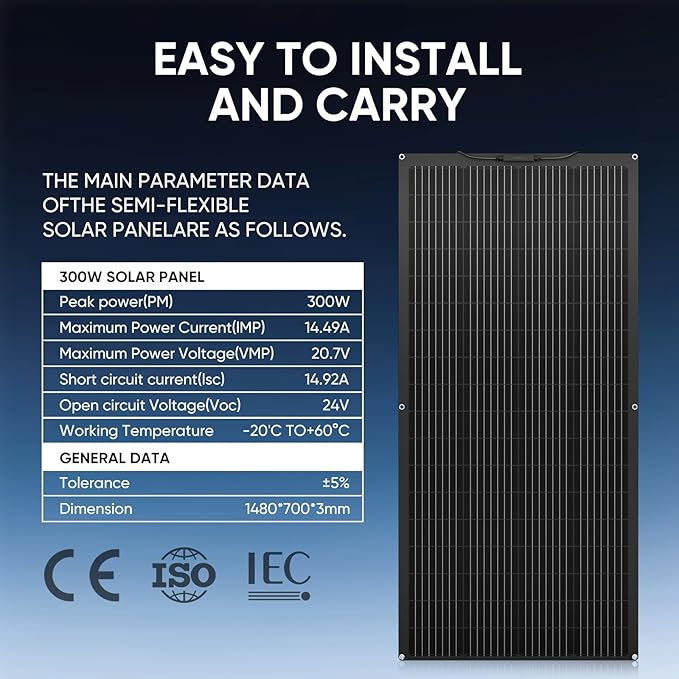 300 Watt Ultra Light Flexible Solar Panel Bendable All Black High Efficiency Monocrystalline Waterproof 24V/12V Perfect for RV Boat Van &amp Uneven Surfaces (Flexible-300W-3PACK)
