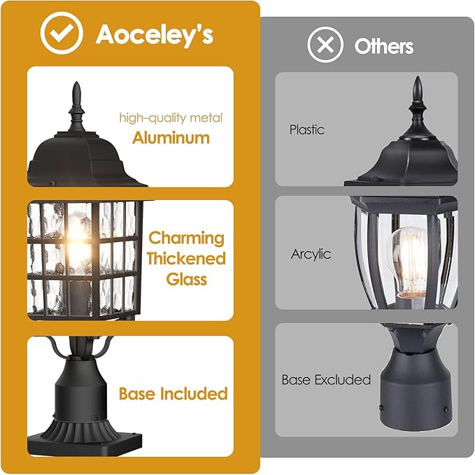 Outdoor Post Light 2-Pack Exterior Lamp Post Light Fixture with Pier Mount Base Exterior Pole Lantern Light Black with Water Ripple Glass