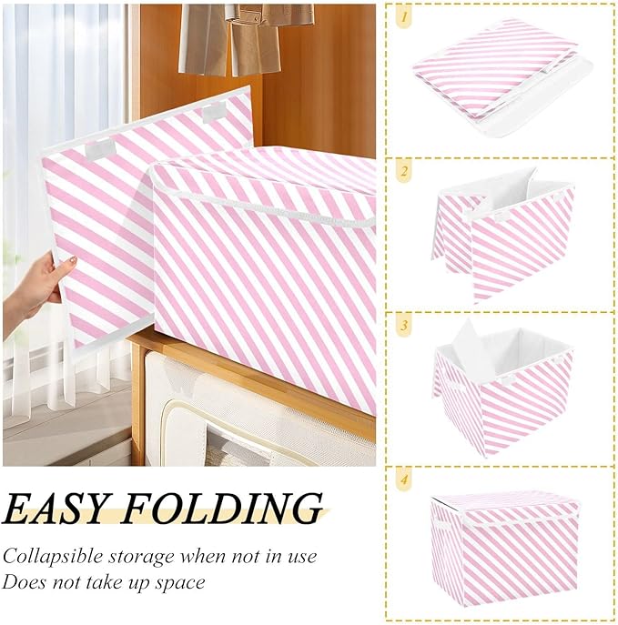 CaTaKu Pink Stripes Storage Bins with Lids and Handles Fabric Large Storage Container Cube Basket with Lid Decorative Storage Boxes for Organizing Clothes