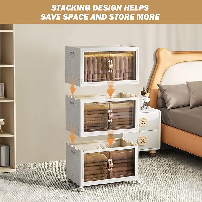 SYNCVIBE Stackable Storage Bins with Lids and Double Doors Plastic Storage Box Collapsible Organizer with Wheels Large Folding Storage Containers for Home Organization (3 Pack 19 Gal)