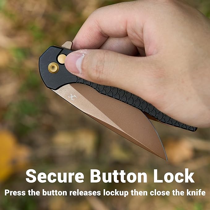 KANSEPT Accipiter Pocket Knife 3.53Rose Gold 14C28N BladeBlack Anodized Aluminum with Fish Scale Texture Handle Flipper Open &amp Button Lock Deep Clip EDC Folding Knives for Camping Hunting T10