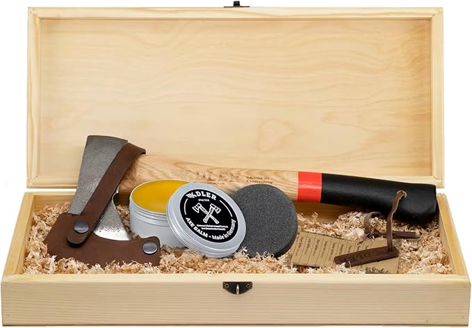 Adler Rheinland Hatchet Gift Set - Made in Germany 14 Camping Hatchet w/Leather Sheath Head 1-1/4 lb Dual Sharpening Stone Balm Wooden Box – Bushcraft Hiking Outdoor Tool Set (A2GIFT)