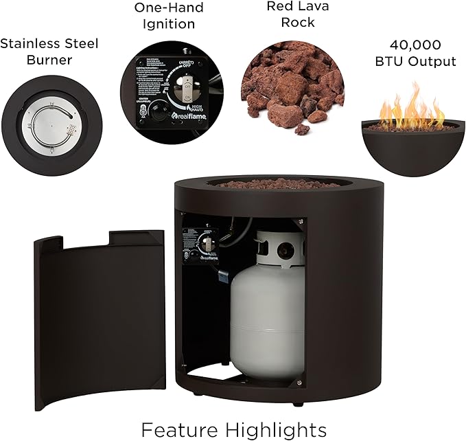 Real Flame Aegean 24 Round Propane Gas Fire Pit Table with Hidden Tank 50000 BTU Powder-Coated Steel Push-Button Ignition Lava Rock Storage Cover Stainless Steel Burner with Lid - Dark Bronze