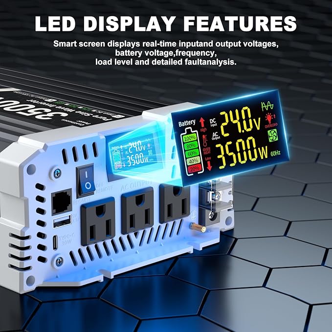 3500 watt Pure sine Wave Inverter 24V DC to 110V AC Power Inverter with 3 AC Output sockets USB Port Type-C Port Remote Control with LCD Screen Used for Solar Emergency Power Supply in RV Homes