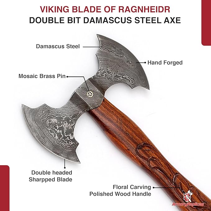 Armory Replicas™ Nightmare Blade of Ragnheidr Damascus Steel Axe – Double Headed Hand Forged with Sheesham Wood Handle Floral Carving &amp Leather Sheath