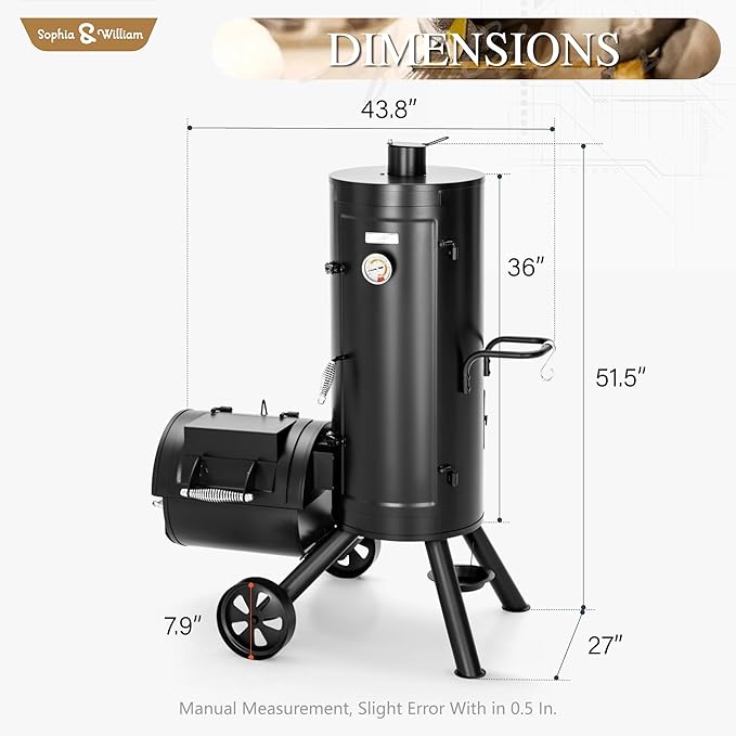 Sophia &amp William Heavy-Duty Vertical Offset Charcoal Smoker Extra Large Outdoor BBQ Gill with Offset Smoker 961 SQ.IN. Cooking Area with Warming TrayPush-out Ash Tray for Event Gathering Black