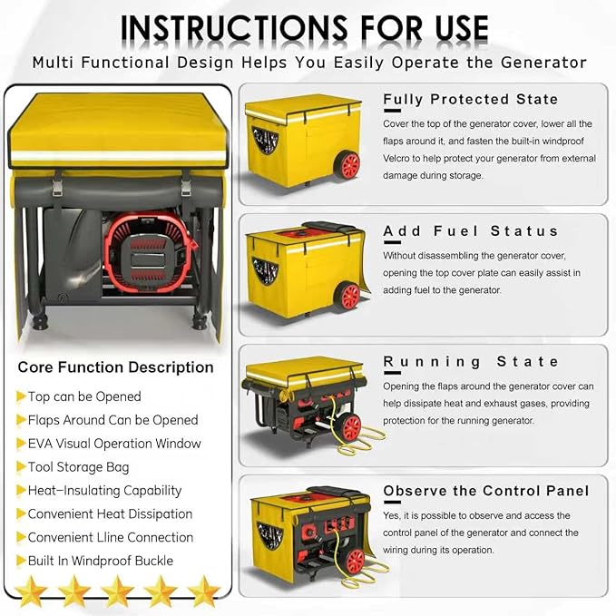 Generator Covers While Running Generator Covers Heavy-Duty Waterproof 32X24X24 inches Top Can Be Opened for Refueling for 3000W-10000W Frame Type Generators Yellow