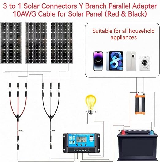 3 to 1 Solar Panel Connectors Y Branch 1500V DC 30A PPO Material Parallel Connection for Solar Panels Universal 10AWG Solar Connectors2 Pairs Red-Black