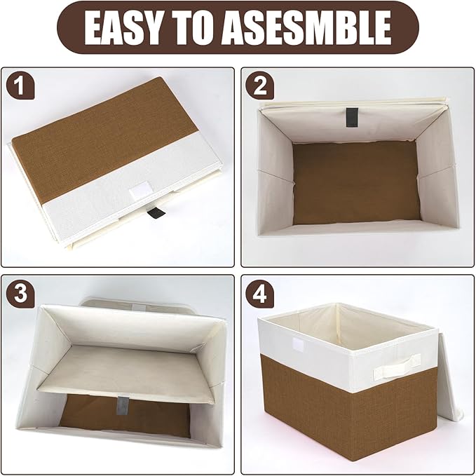 Bagnizer Large 22 Quart Linen Fabric Foldable Storage Bin Cube Organizer Basket with Flip-Top Lid &amp Handles Clothes Blanket Box for Home Office Closet Brown &amp White 4 Pack 14.6 x 9.5 x 9.