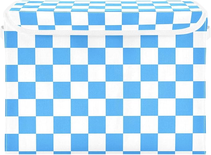 Collapsible Storage Bins with Lids Decorative Fabric Storage Cubes Closet Organizer and Storage Basket Boxes Containers for Clothes Box Chest Nursery Folding Rectangle Checkered Blue