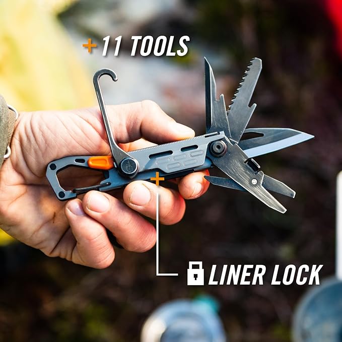 Gerber Gear Stake Out 11-in-1 Multi-tool - 2.2 Plain Edge Blade Tent Stake Puller Carabiner Carry - EDC Gear and Equipment - Graphite