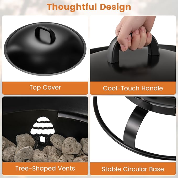 Giantex Portable Propane Fire Pit 21 Inch Smokeless Fire Bowl with Cover Natural Lava Rocks Tank Holder 58000 BTU Round Outdoor Gas Firepit for Outside Camping Patio Yard