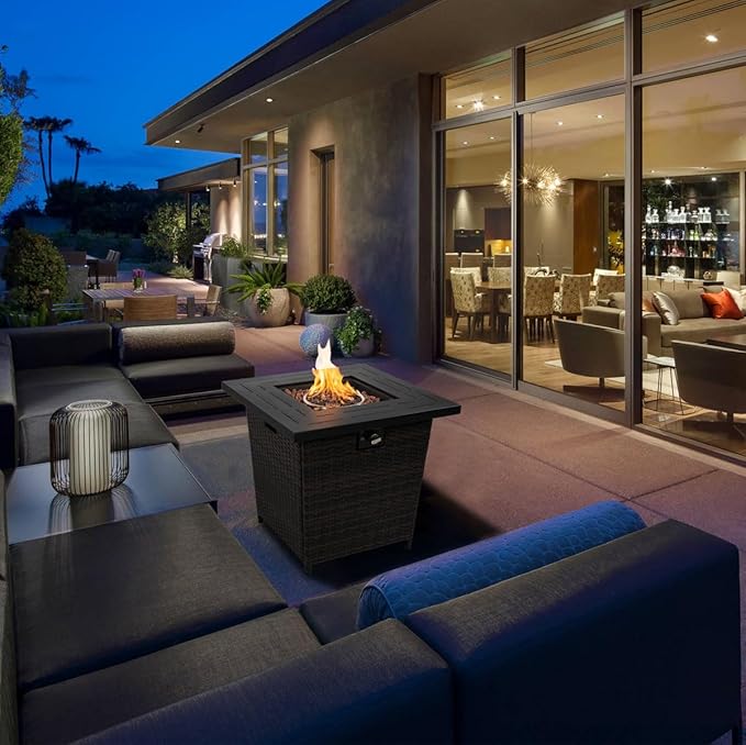 28'' Propane Fire Pit Table 50000 BTU Fire Table with Brown Wicker Laval Rocks Inclined Leg Design.