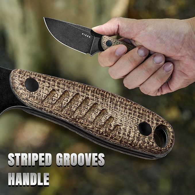 Kizer Hare Fixed Blade Knife with Sheath 3.14 D2 Steel Blade EDC Hunting Knife with Burlap Micarta and Black G10 Handle Small Survival Knives Outdoor Camping Knives for Men Women 1077M3
