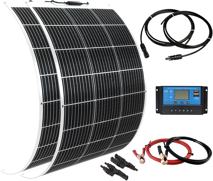 Flexible Solar Panel kit 200W 12V2PCS 100W Monocrystalline Module20A Charge ControllerExtension Cable Off-Grid Charger for RV Boat Van Car Curve Surfaces (White)
