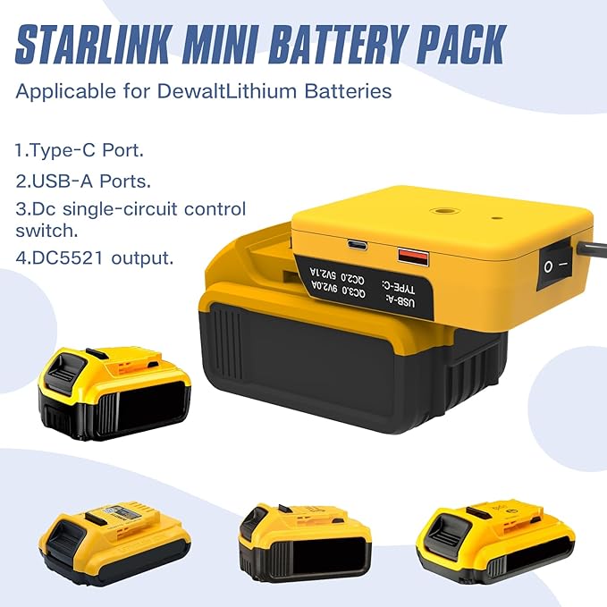 Deckit Starlink Mini Battery Adapter Compatible with DeWalt 20V MAX Battery Portable Off-Grid Power Converter w/Switch Low Voltage Protection &amp Multi-Port 5FT DC Cable &amp Bag