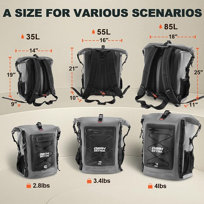 OSAH DRYPAK Waterproof Backpack Dry Bag 35L/55L/85L – Heavy Duty Roll-Top Hiking Backpack for Travel Kayaking Boating Camping Rafting and Fishing