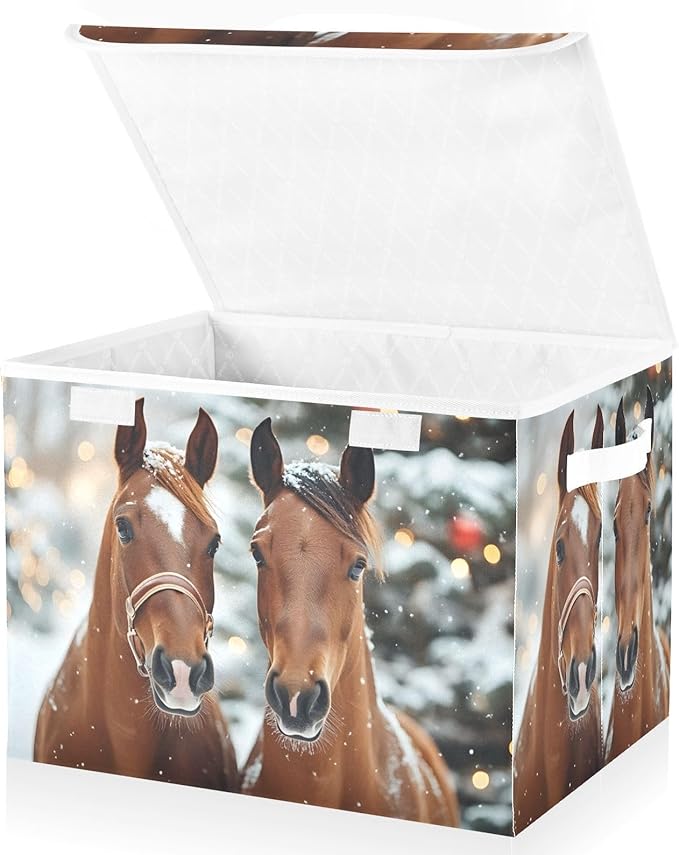 AIXIWAWA Lidded Storage Cube (Christmas Horses) Fabric Foldable Closet Bins with Flip Lid and Handles Organizer Basket Container 16.5 x 12.6 x 11.8 IN