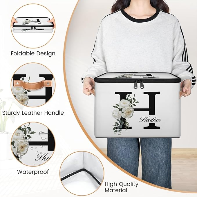 Custom Initials Floral Storage Bins with Lid Foldable Personalized Storage Basket Boxes with Handle Shelf Basket Closet Organizer Cube