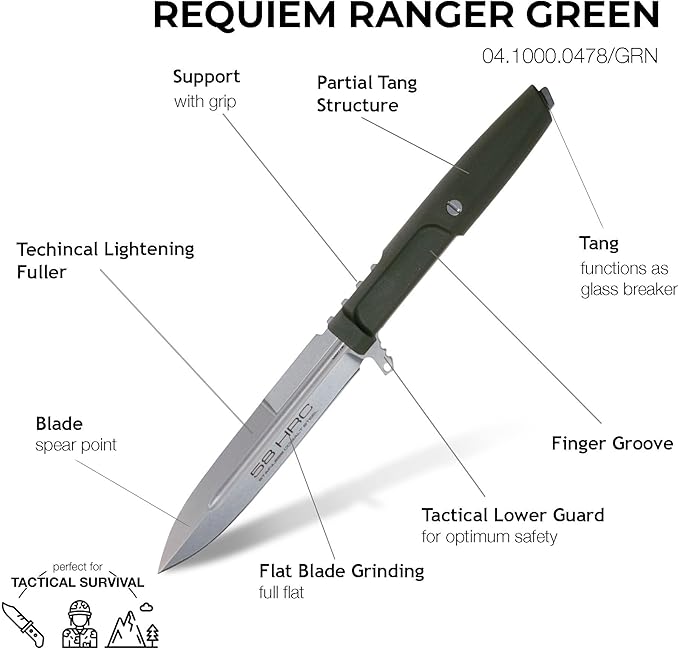 Extrema Ratio - Requiem (Ranger Green) Fixed Blade Knife Bohler N690 steel blade 4.9 mm thick hardened to 58 HRC stone-washed finish lightweight ergonomic handle made in Italy