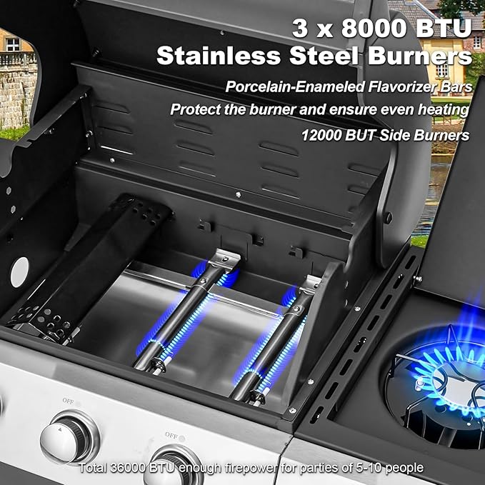 MELLCOM Upgraded 36000 BTU Stainless Steel Burner Barbecue Grill 3 Burner BBQ Propane Gas Grill with Cast Iron Grates &amp Side Stove for Patio Camping Outdoor Cooking