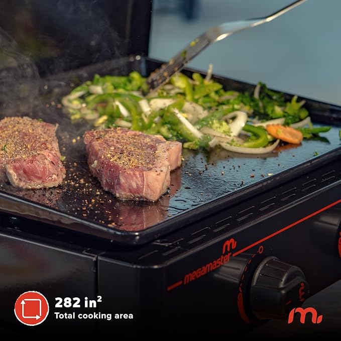 Megamaster 2-Burner Portable Gas Griddle with Built-In Lid 18000 BTUs 282 SQ In Cooking Space Small Tabletop Propane Griddle for Outdoor Cooking Camping BBQs and Parties - 820-0054D