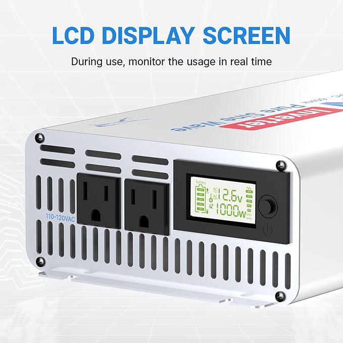Redodo Pure Sine Wave Inverter 1000W Convert DC 12V to AC 110V Monitoring Screen Showing Real-Time Status for Off-Grid Solar Power System RV Home Backup Power
